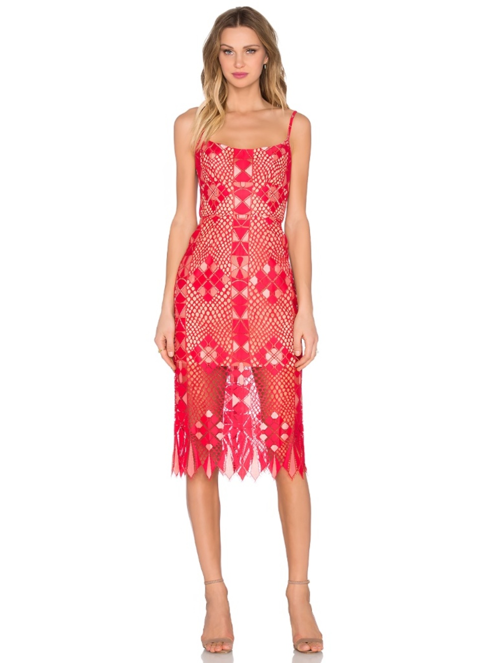 (NWOT) BCBGMAXAZRIA Alese Red Geo Lace Eyelet Sheath Midi Cocktail Dress Size 6